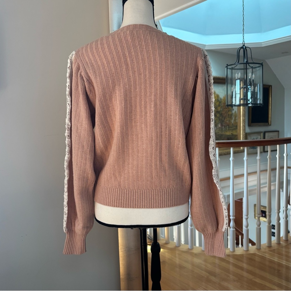 See by Chloe Wool Blend Knit Lace Sleeve Crewneck Sweater Cameo Rose Size M $325 - Picture 6 of 14
